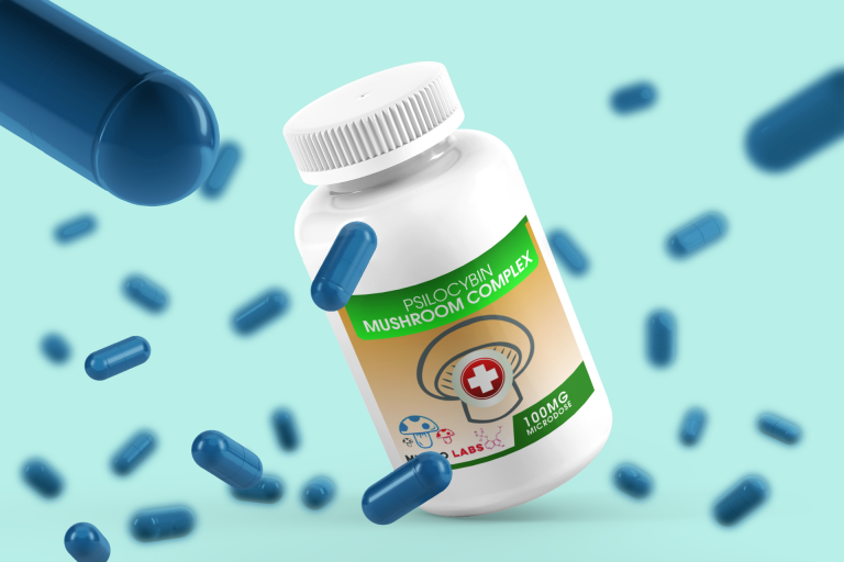 mockup of a plastic pill bottle featuring flying pills 4042 el1 768x512